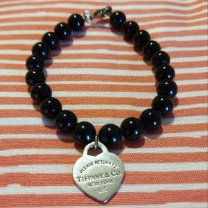 Tiffany & Co. Onyx Bracelet w/ Sterling Silver Heart Charm - 7.5inch